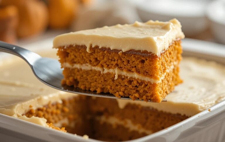 A baking dish filled with pumpkin gooey butter cake, showcasing the gooey pumpkin cream cheese topping and golden-brown crust.