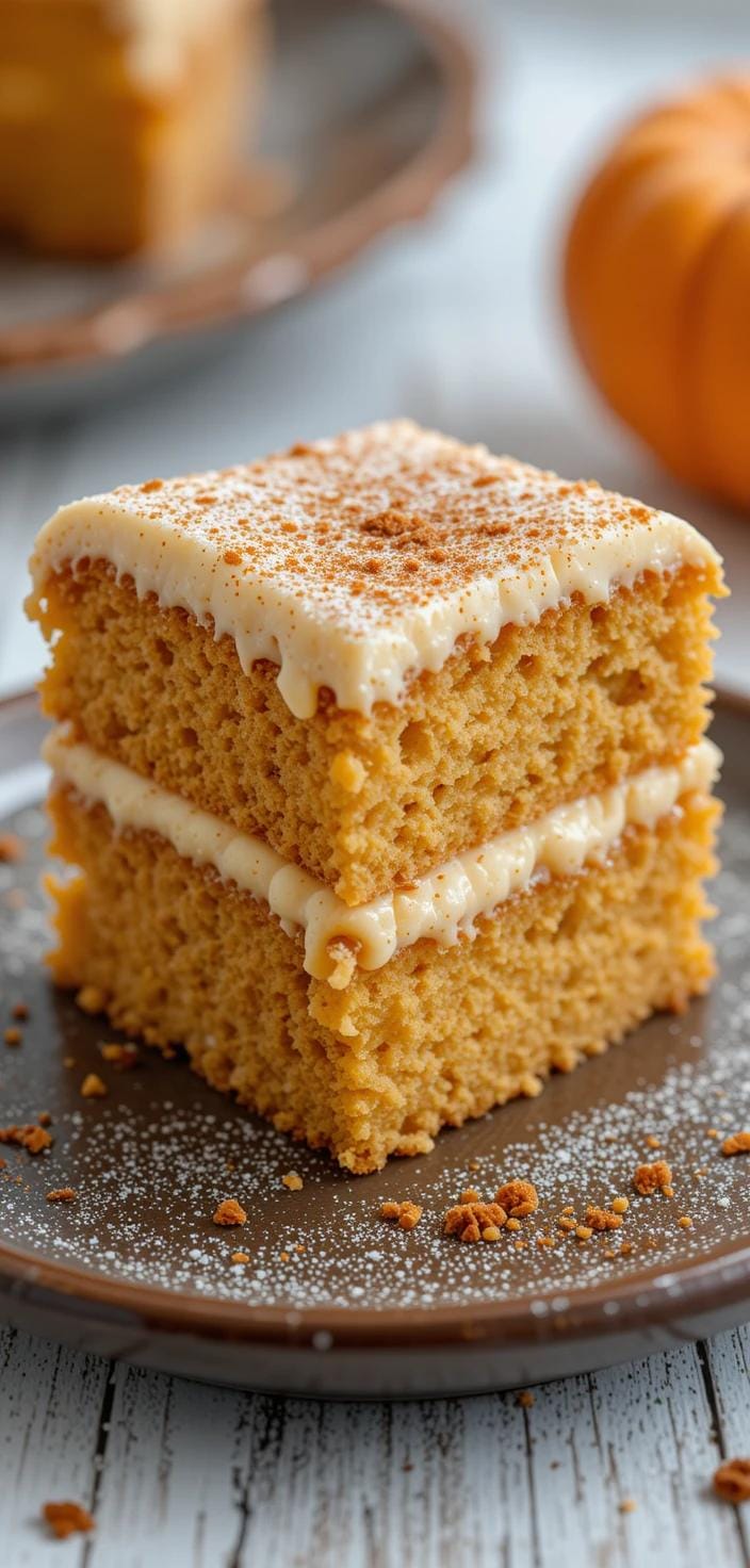 A slice of pumpkin gooey butter cake on a rustic plate, showcasing its golden-brown top, creamy pumpkin filling, and light dusting of powdered sugar and cinnamon