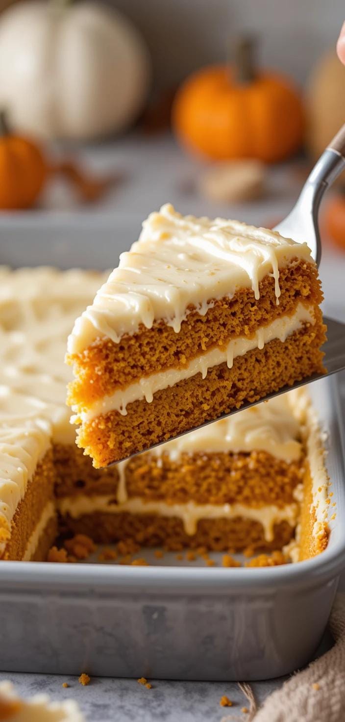 A warm slice of pumpkin gooey butter cake with creamy pumpkin cream cheese topping, garnished with a sprinkle of cinnamon and powdered sugar.