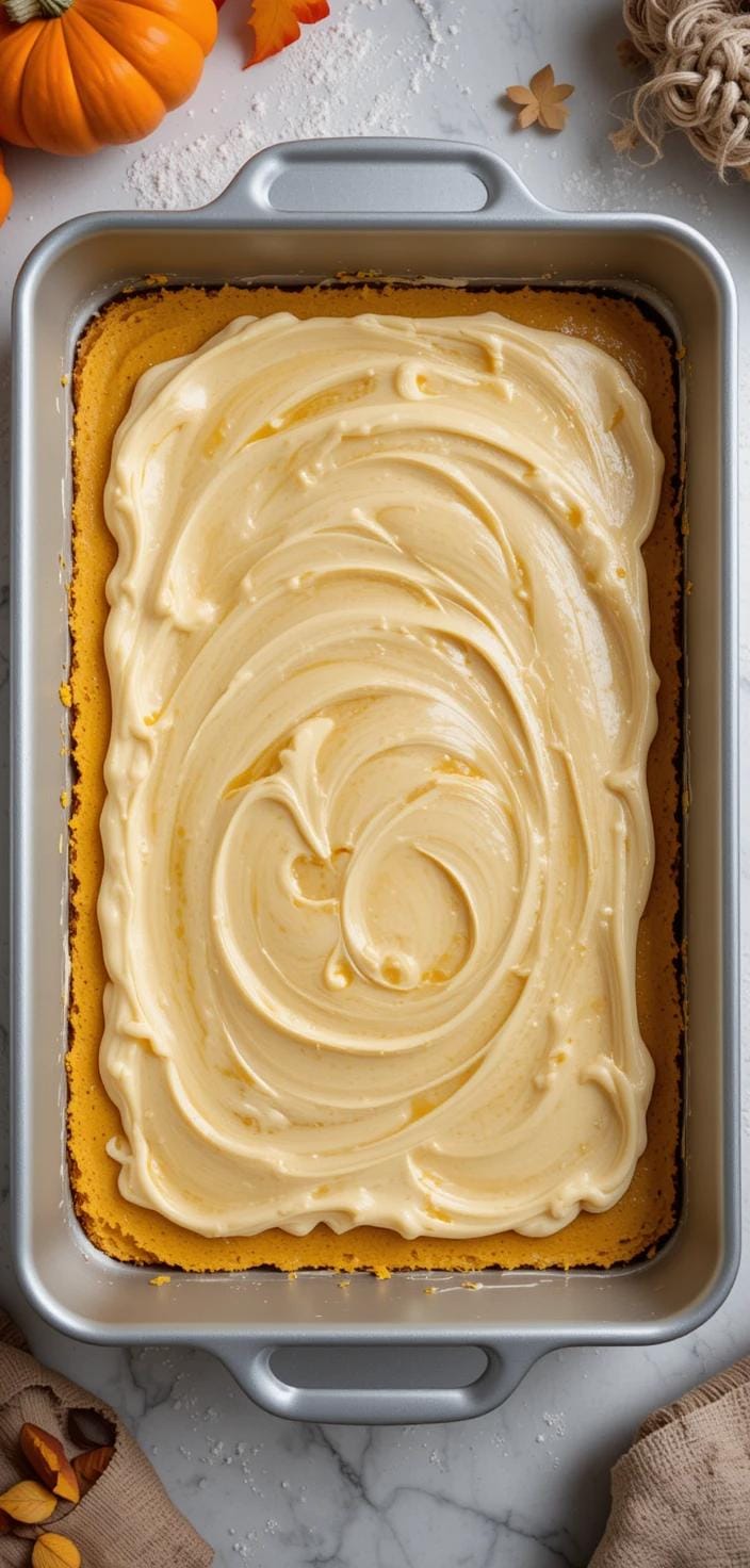 Close-up of a gooey pumpkin butter cake with a soft, creamy texture and a crumbly golden crust, set against a cozy fall background