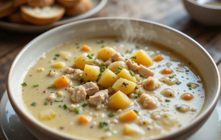 Close-up of creamy chicken potato soup in a rustic bowl, garnished with freshly chopped chives and a sprinkle of black pepper. The soup has a smooth, velvety texture with hints of tender chicken, diced potatoes, and vegetables. A side of warm sourdough bread is placed on a wooden table, creating a cozy, inviting atmosphere.