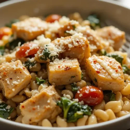 Delicious creamy Tuscan chicken orzo with tender chicken, sun-dried tomatoes, spinach, and a rich garlic parmesan sauce, garnished with Parmesan cheese and red pepper flakes. Perfect for a comforting and easy dinner recipe