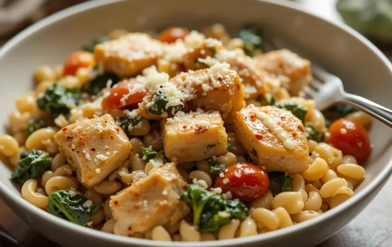 Delicious creamy Tuscan chicken orzo with tender chicken, sun-dried tomatoes, spinach, and a rich garlic parmesan sauce, garnished with Parmesan cheese and red pepper flakes. Perfect for a comforting and easy dinner recipe
