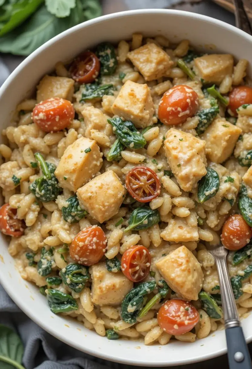 Delicious creamy Tuscan chicken orzo with tender chicken, sun-dried tomatoes, spinach, and a rich garlic parmesan sauce, garnished with Parmesan cheese and red pepper flakes. Perfect for a comforting and easy dinner recipe