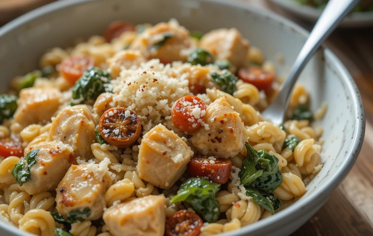 Delicious creamy Tuscan chicken orzo with tender chicken, sun-dried tomatoes, spinach, and a rich garlic parmesan sauce, garnished with Parmesan cheese and red pepper flakes. Perfect for a comforting and easy dinner recipe