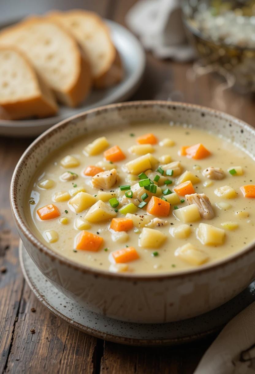 Pot of creamy chicken potato soup simmering on the stovetop, with a golden, velvety texture. The soup has subtle hints of blended ingredients like tender chicken, diced potatoes, and carrots. Steam rises gently from the pot, emphasizing the warmth and comfort of this homemade dish.