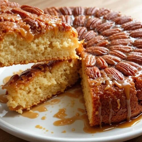 Baking can be tough when you want something special and easy. This Upside Down Gooey Pecan Cake is buttery, rich, and topped with caramelized pecans. Save this pin to make the best Southern Pecan Cake for any gathering!