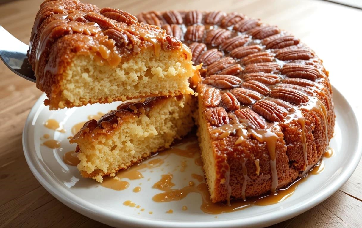 Baking can be tough when you want something special and easy. This Upside Down Gooey Pecan Cake is buttery, rich, and topped with caramelized pecans. Save this pin to make the best Southern Pecan Cake for any gathering!