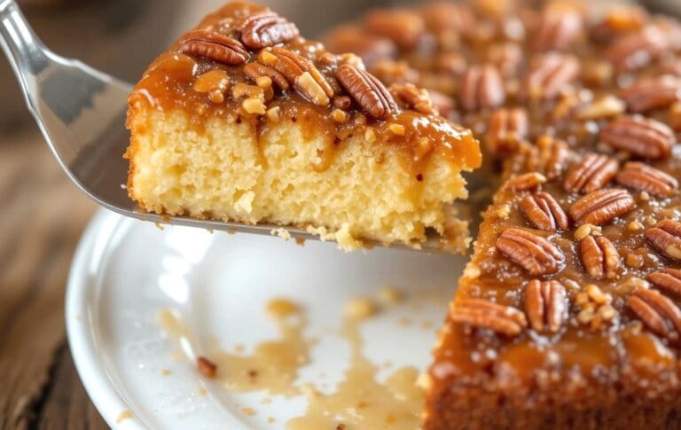 Baking can be tough when you want something special and easy. This Upside Down Gooey Pecan Cake is buttery, rich, and topped with caramelized pecans. Save this pin to make the best Southern Pecan Cake for any gathering!