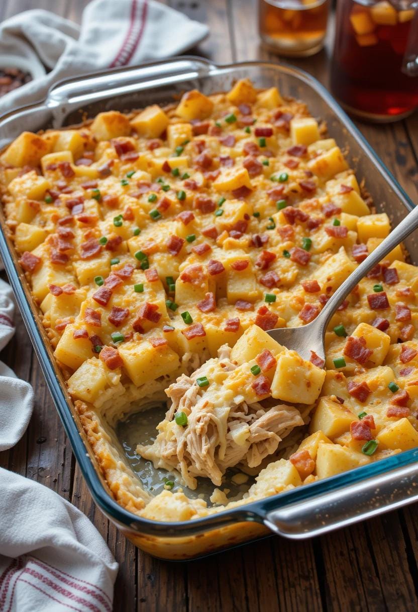 A freshly baked chicken bacon ranch potato bake in a glass dish with golden-brown melted cheese and crispy bacon bits on top. Cubed potatoes are visible through the cheesy crust, and the dish is garnished with chopped chives. A serving spoon rests in the dish, with a cozy dinner setup in the background, including a bowl of salad and a glass of iced tea.