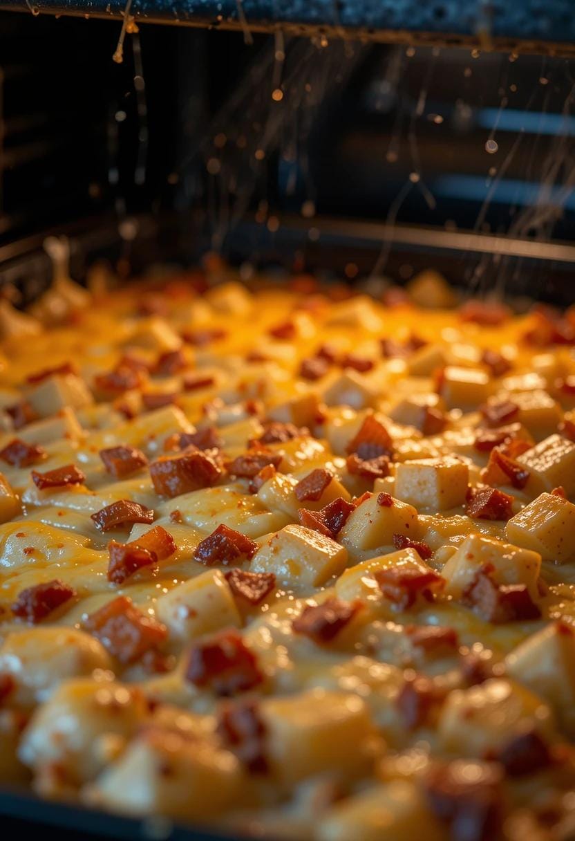 A glass baking dish being filled with a mixture of cubed potatoes, shredded chicken, and crispy bacon bits. A hand is sprinkling shredded cheddar cheese over the top layer. The creamy ranch-coated potatoes and bacon bits are clearly visible, with additional ingredients scattered nearby on the counter.