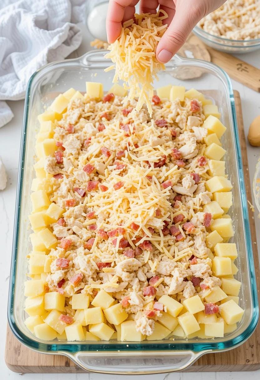 A flat lay of ingredients for chicken bacon ranch potato bake, including a bowl of peeled and cubed russet potatoes, shredded chicken, crispy bacon bits, shredded cheddar cheese, a bottle of ranch dressing, and a bunch of fresh chives. The ingredients are arranged neatly on a wooden cutting board with natural sunlight highlighting their textures.