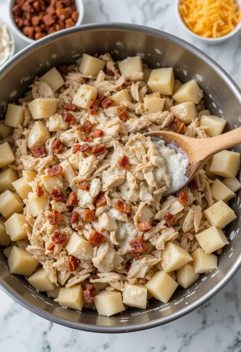 A large mixing bowl filled with cubed potatoes, shredded chicken, crispy bacon bits, and ranch dressing. A wooden spoon is stirring the ingredients, evenly coating them in the creamy ranch sauce. Small bowls with extra bacon bits and shredded cheese are visible in the background on a clean kitchen counter.
