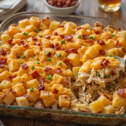 A freshly baked chicken bacon ranch potato bake in a glass dish with golden-brown melted cheese and crispy bacon bits on top.