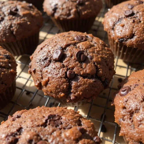 A batch of Chocolate Zucchini Muffins arranged on a white plate, showing their rich, fluffy texture.