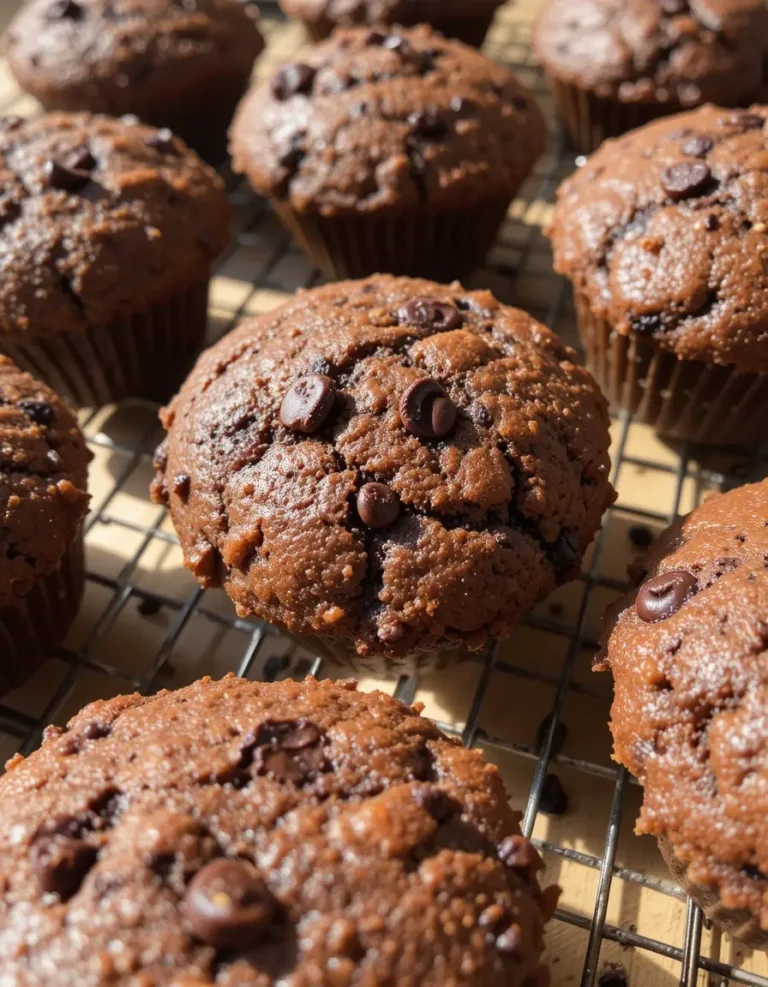 A batch of Chocolate Zucchini Muffins arranged on a white plate, showing their rich, fluffy texture.
