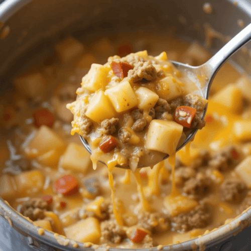 A bowl of cheesy hamburger potato soup featuring chunks of potatoes, ground beef, and creamy, cheesy broth, topped with shredded cheddar