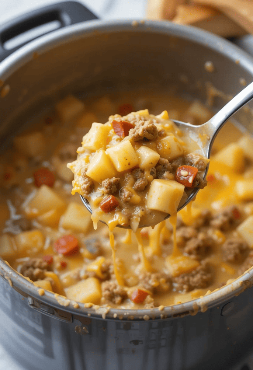 A bowl of cheesy hamburger potato soup featuring chunks of potatoes, ground beef, and creamy, cheesy broth, topped with shredded cheddar