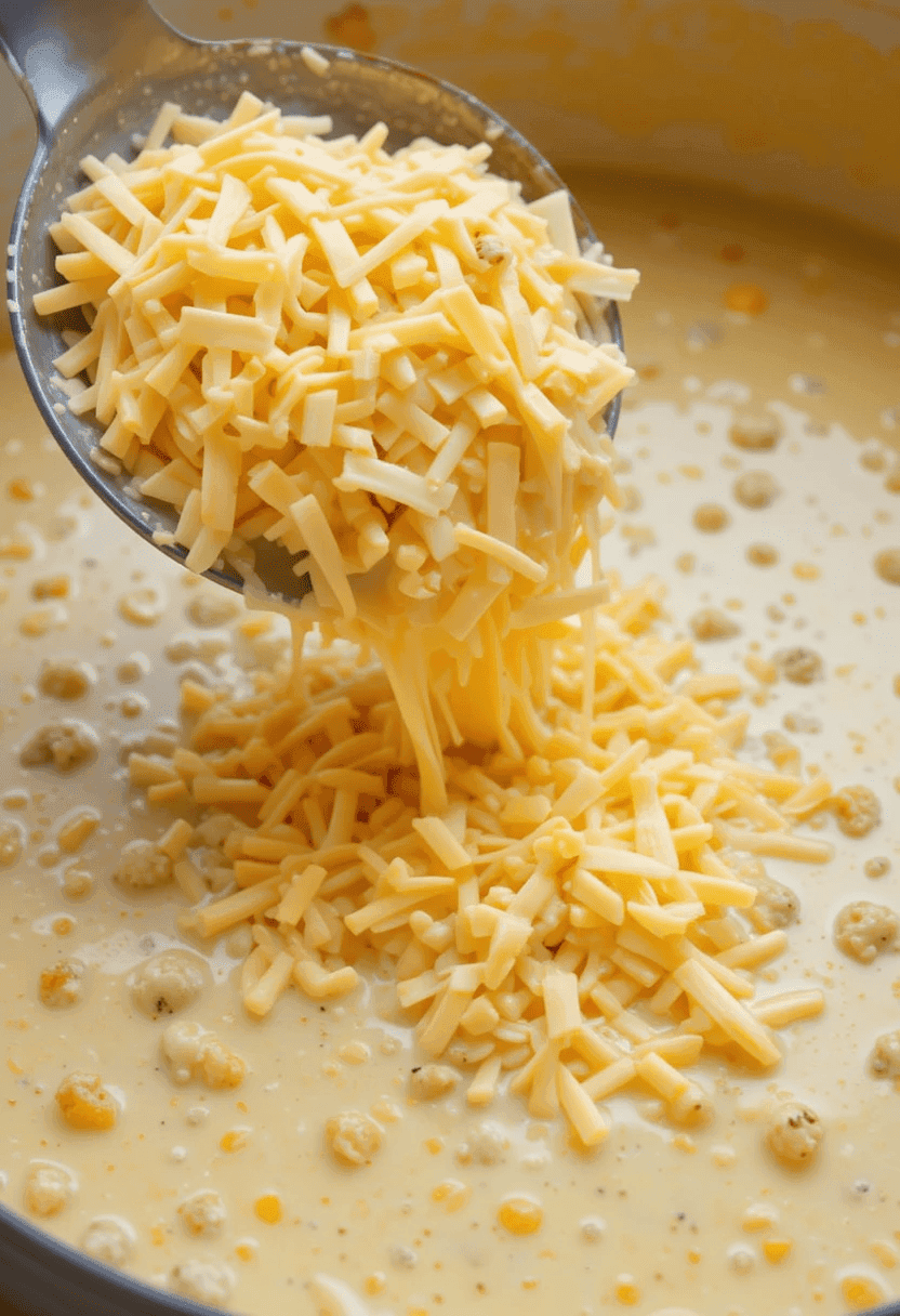 A bowl of cheesy hamburger potato soup featuring chunks of potatoes, ground beef, and creamy, cheesy broth, topped with shredded cheddar