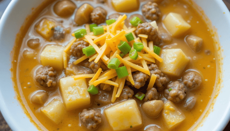 A bowl of cheesy hamburger potato soup featuring chunks of potatoes, ground beef, and creamy, cheesy broth, topped with shredded cheddar