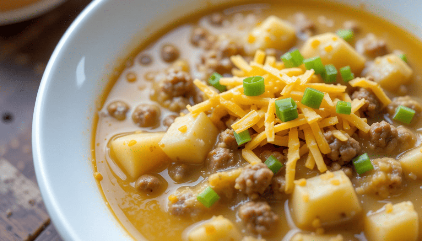 A bowl of cheesy hamburger potato soup featuring chunks of potatoes, ground beef, and creamy, cheesy broth, topped with shredded cheddar