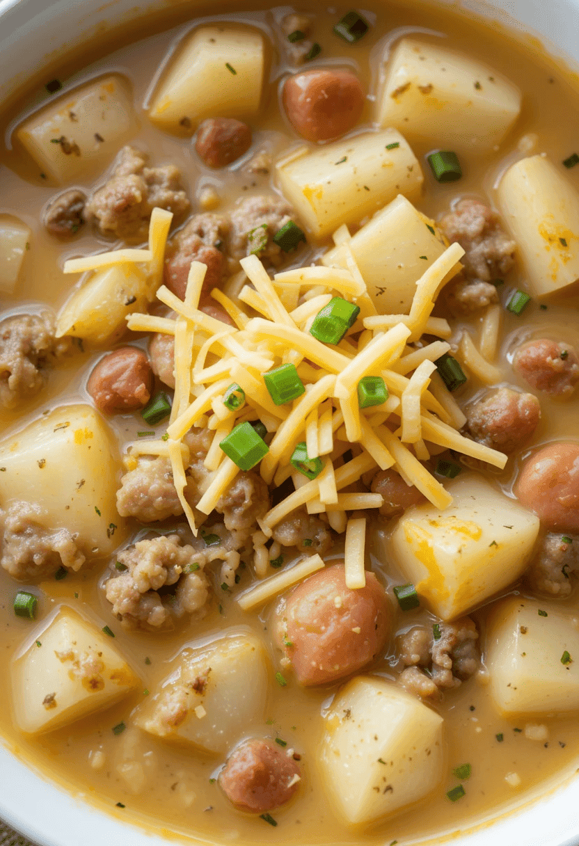 A bowl of cheesy hamburger potato soup featuring chunks of potatoes, ground beef, and creamy, cheesy broth, topped with shredded cheddar