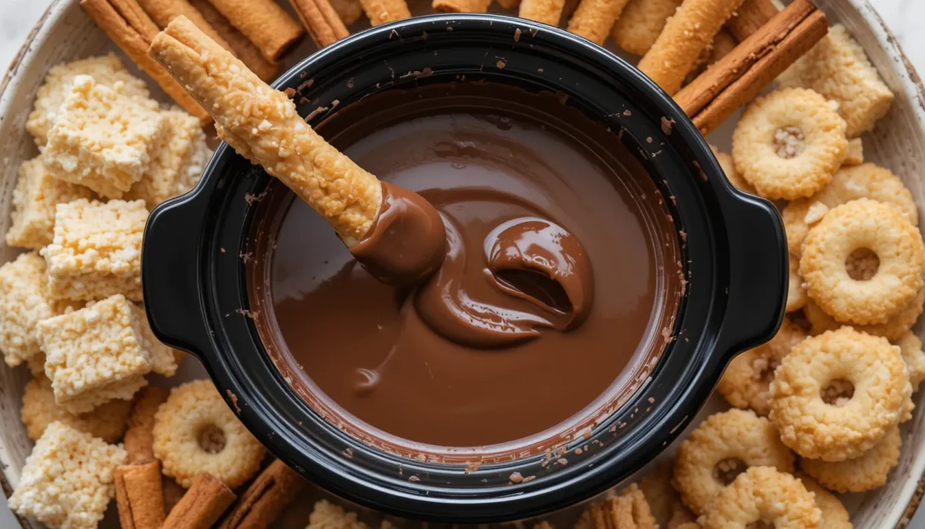 A cozy setup featuring melted chocolate fondue in a slow cooker surrounded by festive dipping treats.