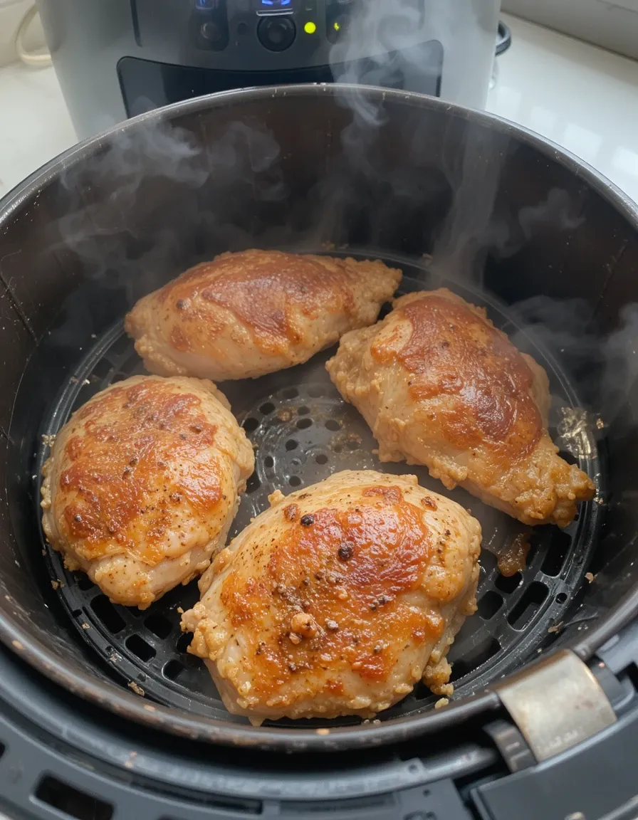 A plated serving of air fryer chicken breasts with paprika seasoning and fresh herbs, glowing under diffused natural light.