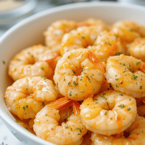 Air Fryer Garlic Butter Shrimp served with lemon wedges and parsley garnish