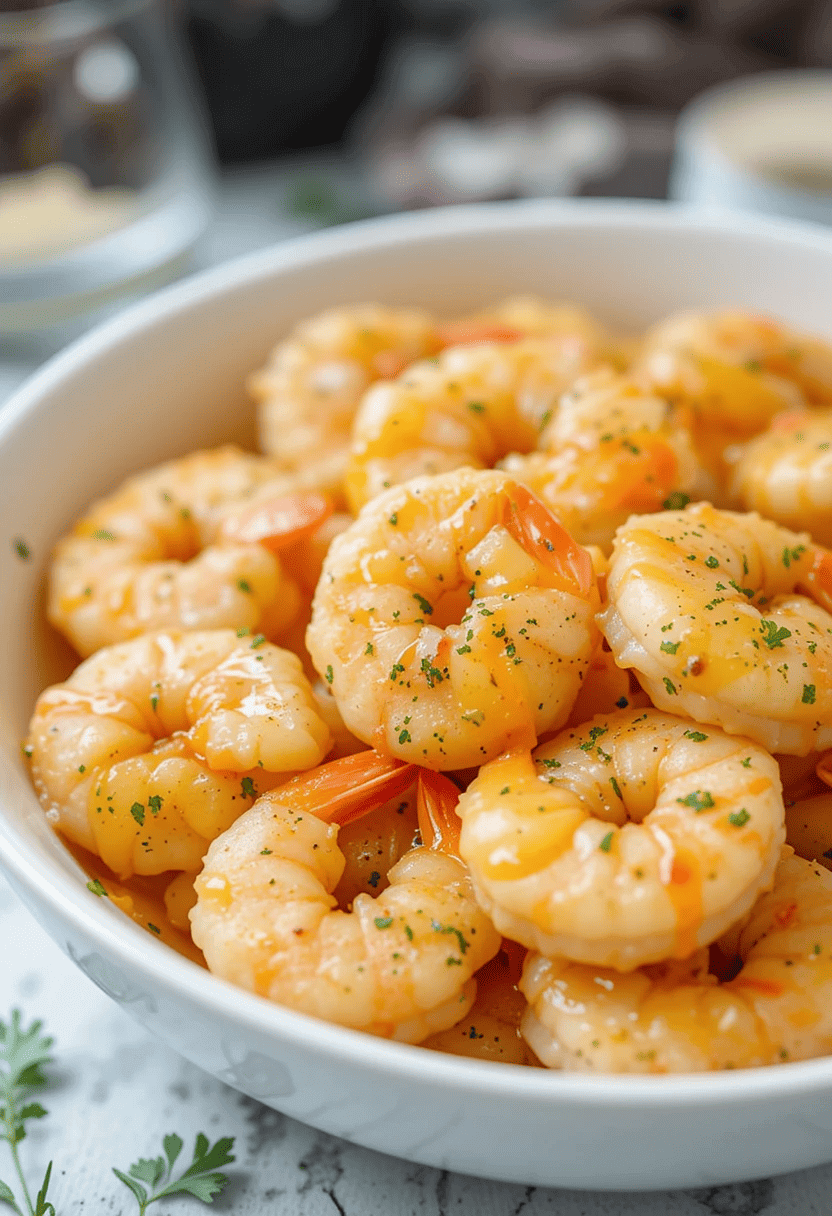 Air Fryer Garlic Butter Shrimp served with lemon wedges and parsley garnish