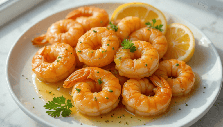 Air Fryer Garlic Butter Shrimp served with lemon wedges and parsley garnish