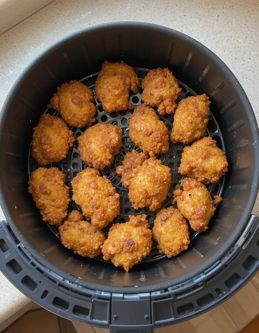 Air fryer basket filled with golden, crispy Bang Bang Chicken pieces, arranged in a single layer for even cooking