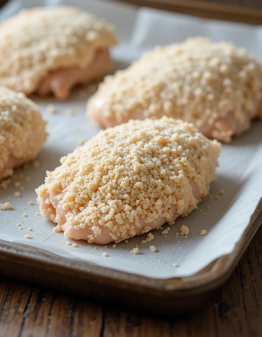 Raw chicken pieces coated in panko breadcrumbs, resting on a parchment-lined baking tray, ready for frying or baking.