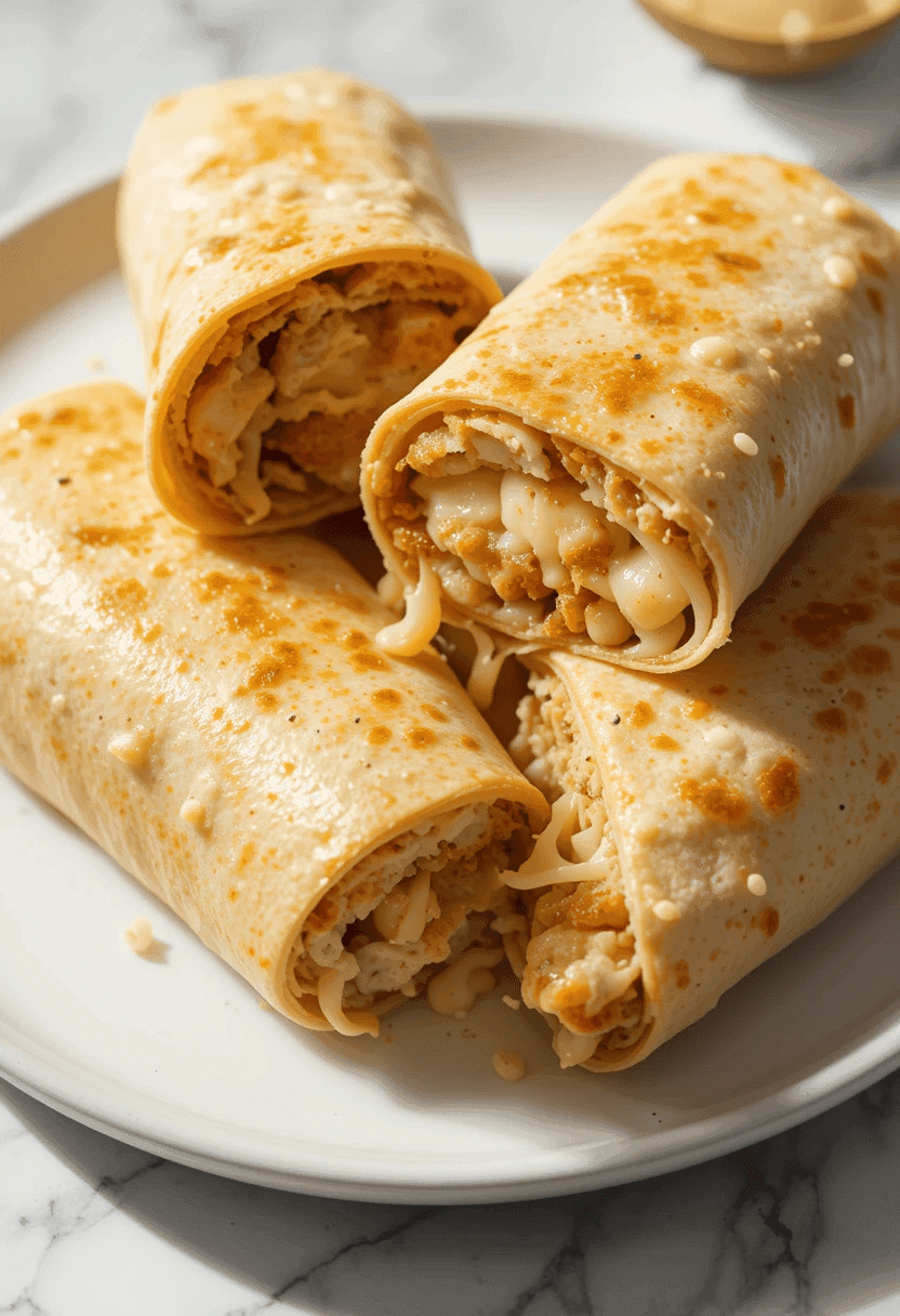 A plate of cheesy garlic chicken wraps cut in halves, showcasing gooey melted cheese and juicy chicken filling, garnished with fresh parsley on a clean white plate.