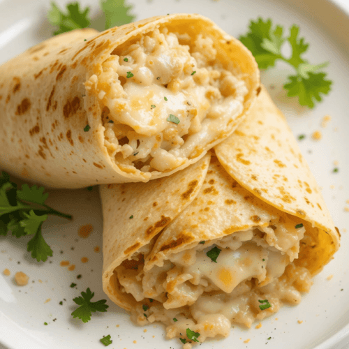 A plate of cheesy garlic chicken wraps cut in halves, showcasing gooey melted cheese and juicy chicken filling, garnished with fresh parsley on a clean white plate.