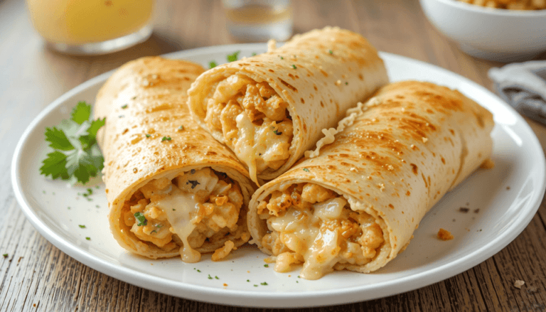A plate of cheesy garlic chicken wraps cut in halves, showcasing gooey melted cheese and juicy chicken filling, garnished with fresh parsley on a clean white plate.