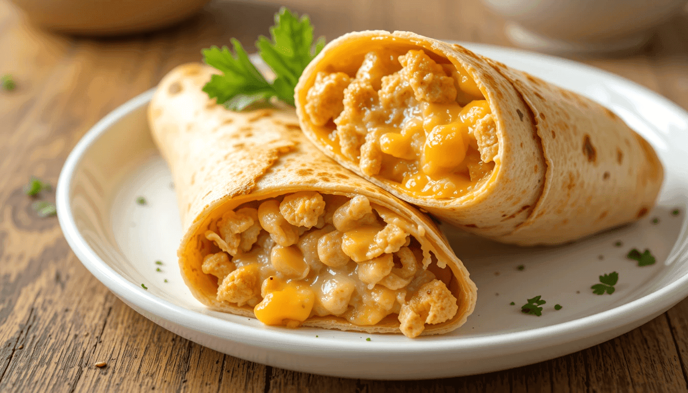 A plate of cheesy garlic chicken wraps cut in halves, showcasing gooey melted cheese and juicy chicken filling, garnished with fresh parsley on a clean white plate.