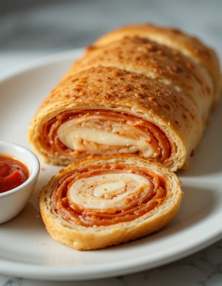 reshly baked Italian stromboli sliced into even pieces, showing layers of melted mozzarella, provolone, and crispy pepperoni inside golden crust.