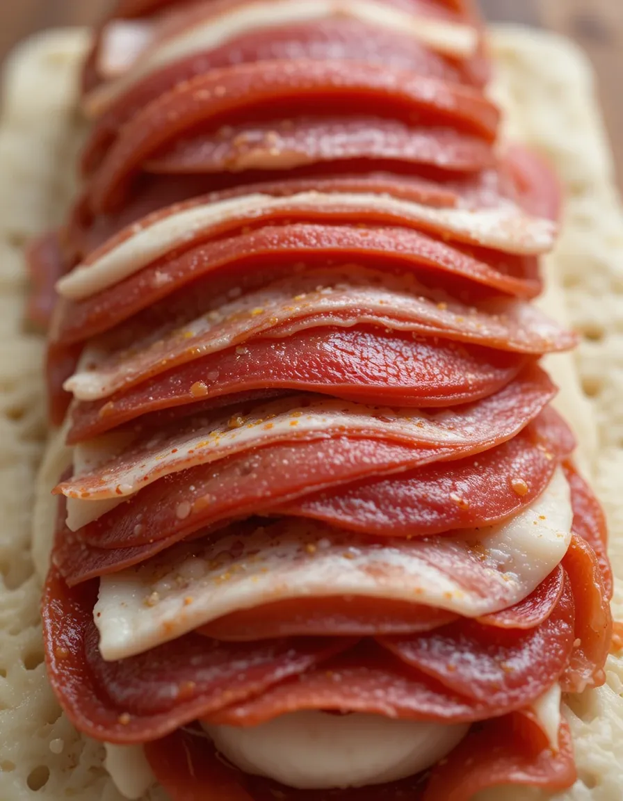 A close-up of melted mozzarella and provolone stretching between slices of crispy Italian stromboli, highlighting its cheesy, delicious texture.