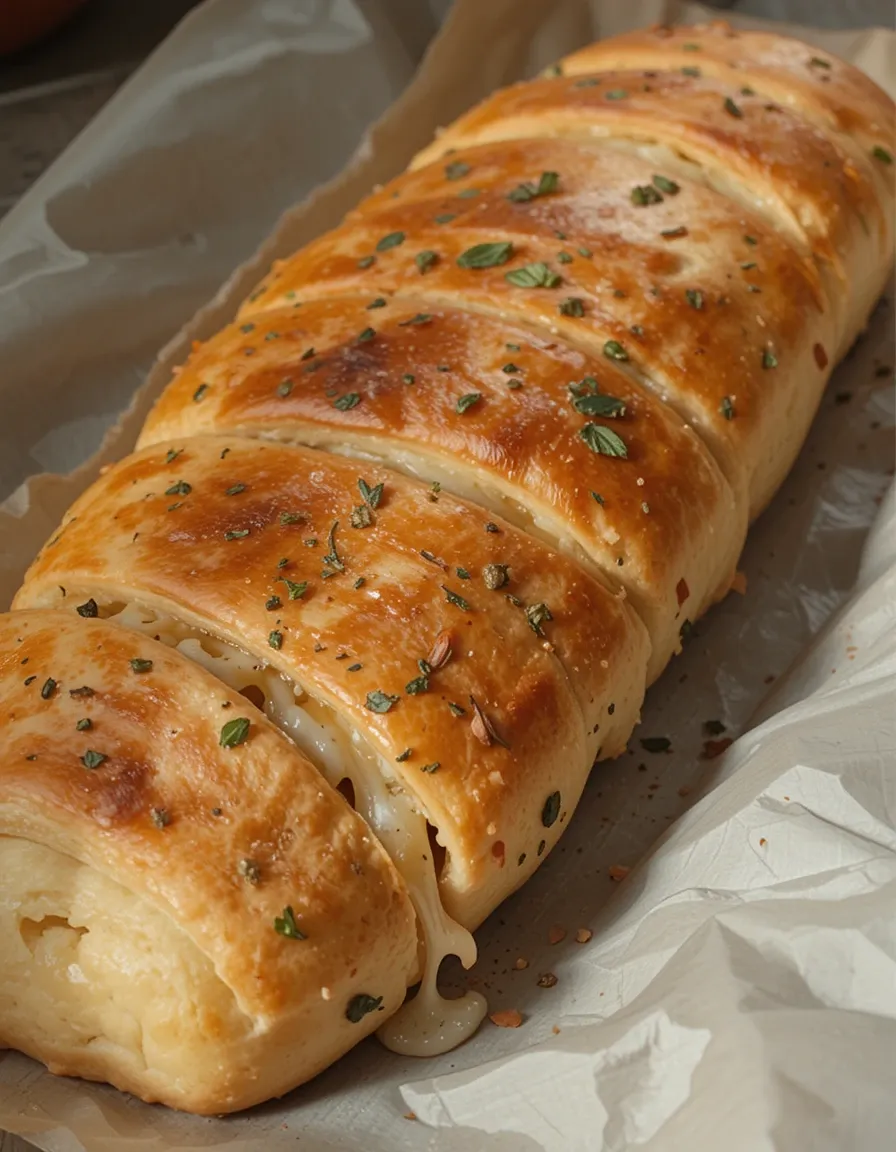 A perfectly rolled and baked Italian stromboli on a white plate, with gooey cheese oozing out and crispy edges glistening under natural lighting.