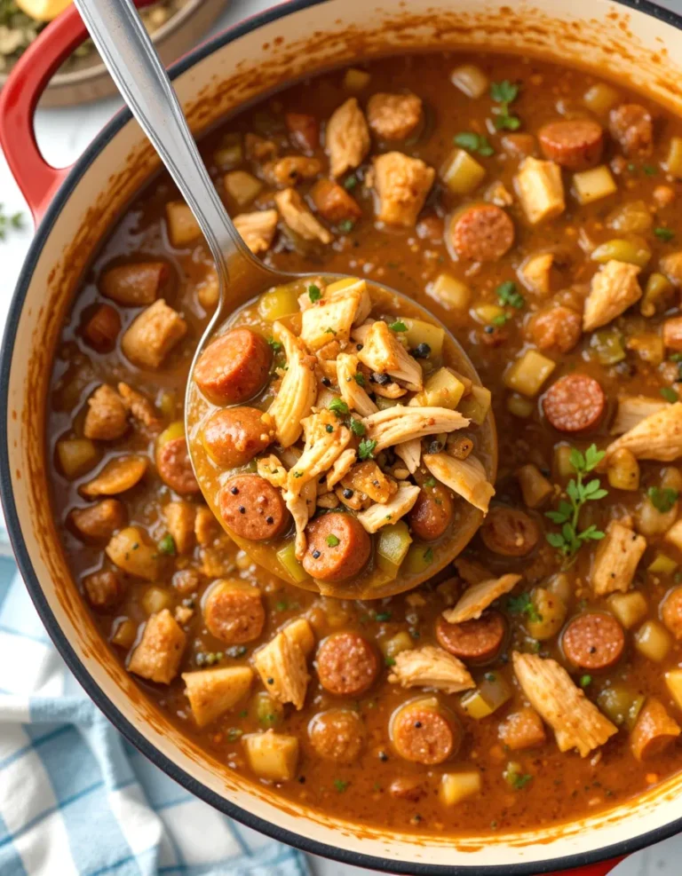 Spoonful of Chicken And Sausage Gumbo lifted from a pot, showing a thick consistency with shredded chicken, sausage, and vegetables.