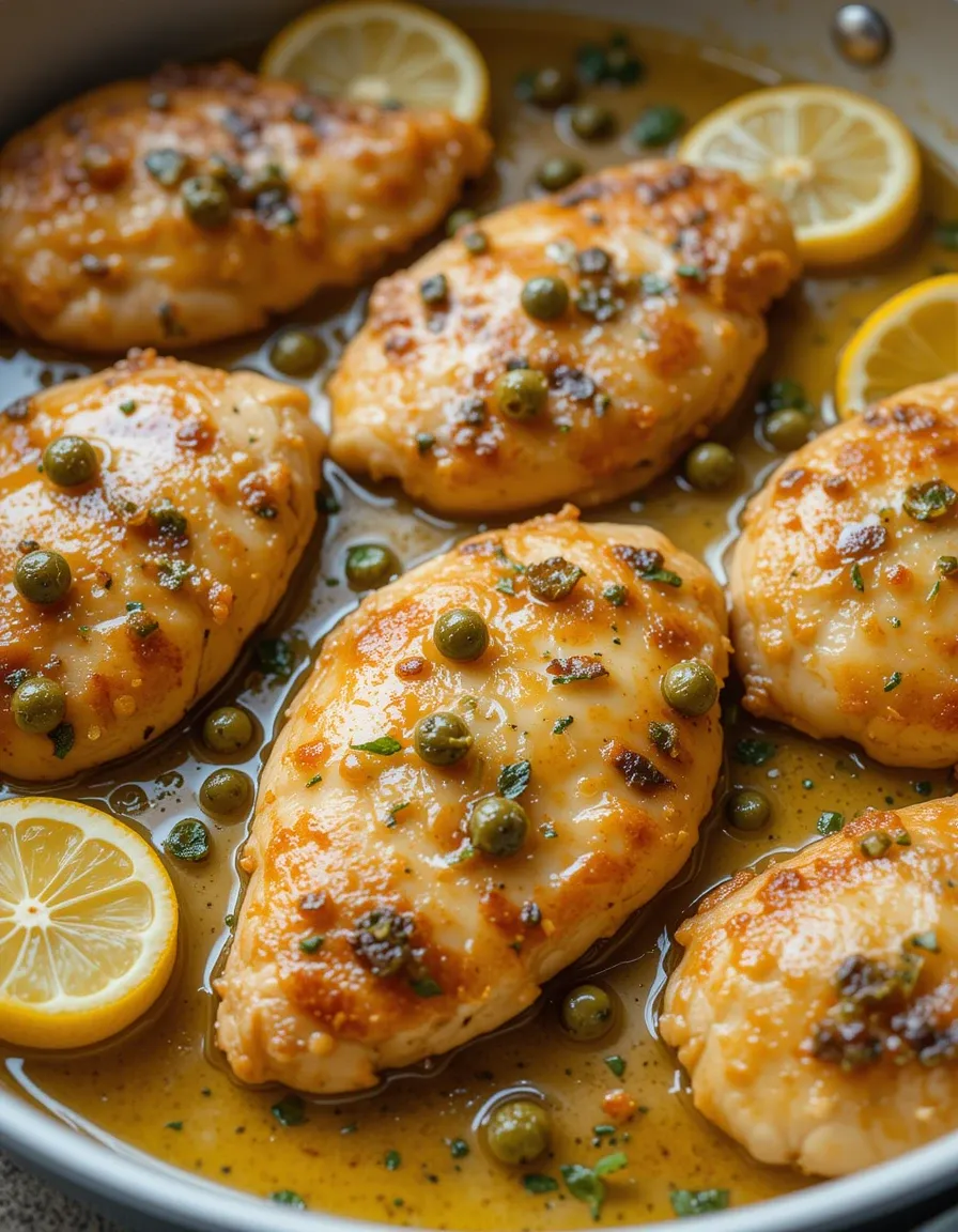 A spoon lifting a rich, glossy lemon-butter sauce with capers, showing its smooth texture and vibrant golden color