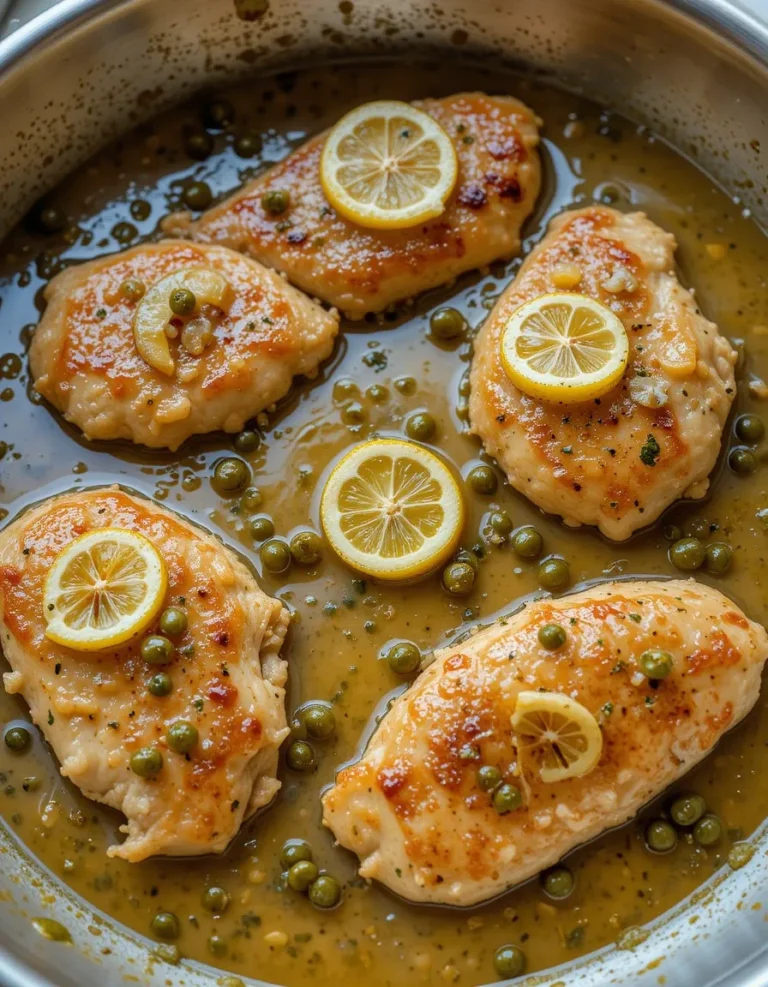 Juicy, golden chicken cutlets drizzled with tangy lemon-butter sauce, served with lemon wedges and capers on a white plate
