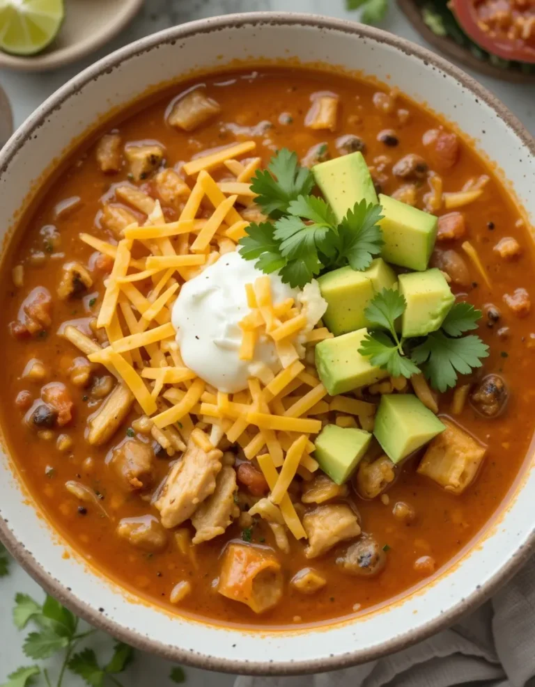 Chicken taco soup crock pot recipe served hot with fresh toppings, including sour cream, avocado, and cheddar cheese.