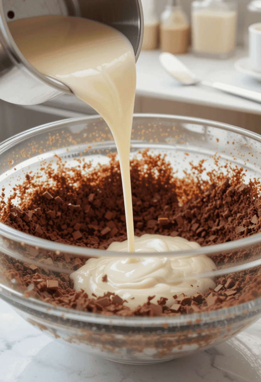bowl of freshly made chocolate ganache with smooth