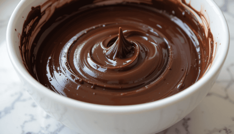 bowl of freshly made chocolate ganache with smooth
