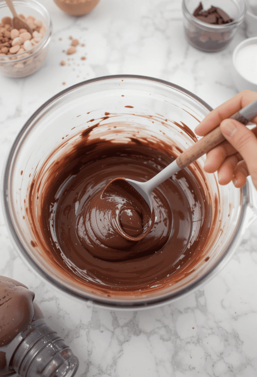 bowl of freshly made chocolate ganache with smooth