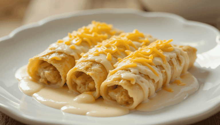 Creamy White Chicken Enchiladas topped with melted cheese, garnished with fresh cilantro, and served on a colorful plate