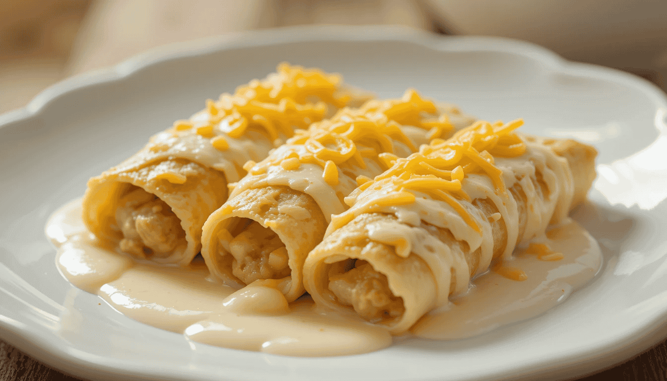 Creamy White Chicken Enchiladas topped with melted cheese, garnished with fresh cilantro, and served on a colorful plate