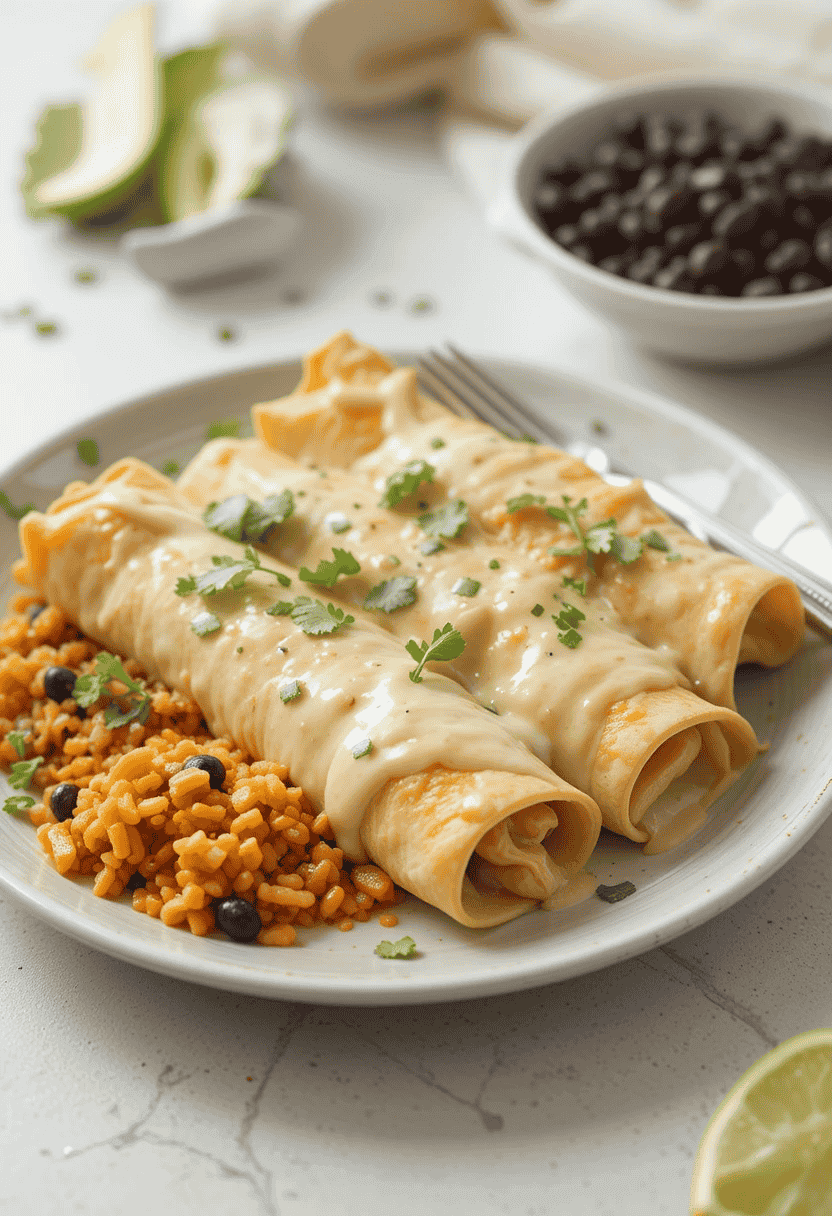 Creamy White Chicken Enchiladas topped with melted cheese, garnished with fresh cilantro, and served on a colorful plate.